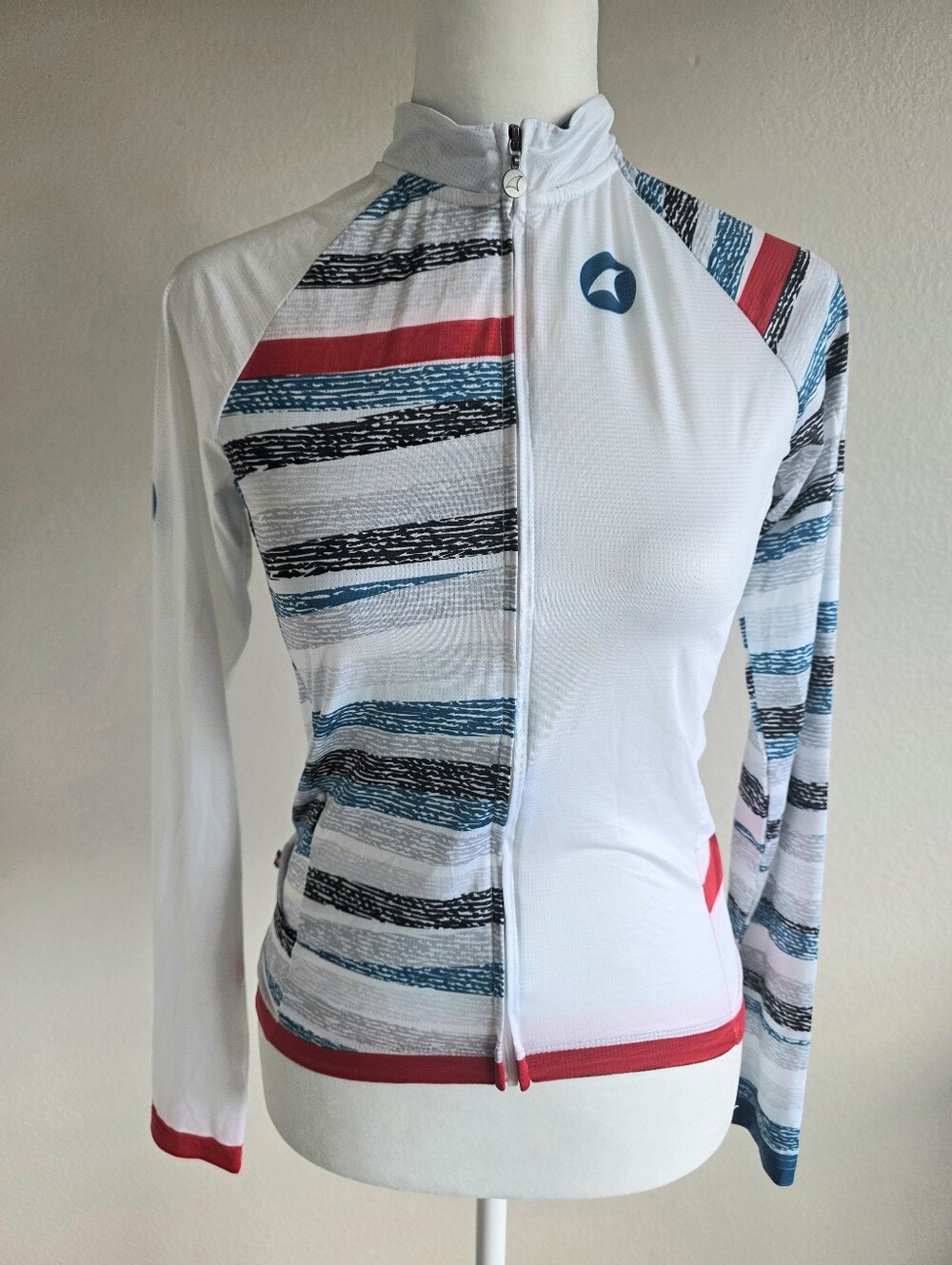 PACTIMO Women's Cycling Jersey Full Zip Long Sleeve Size S Artsy Stripe White